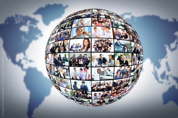 Photo of a globe comprised of pictures of people